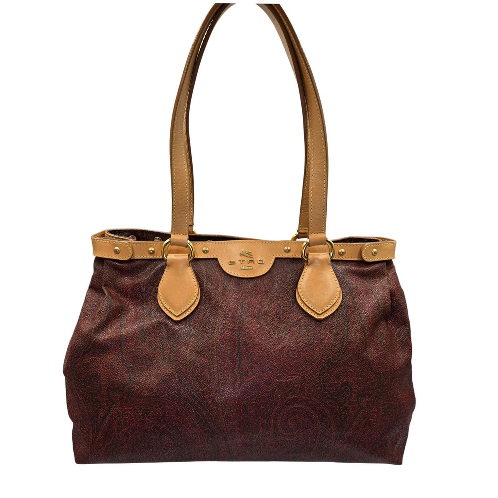 Etro Milano Paisley Print Tote Bag Italian Leather‎ Trim Satchel Handbag
